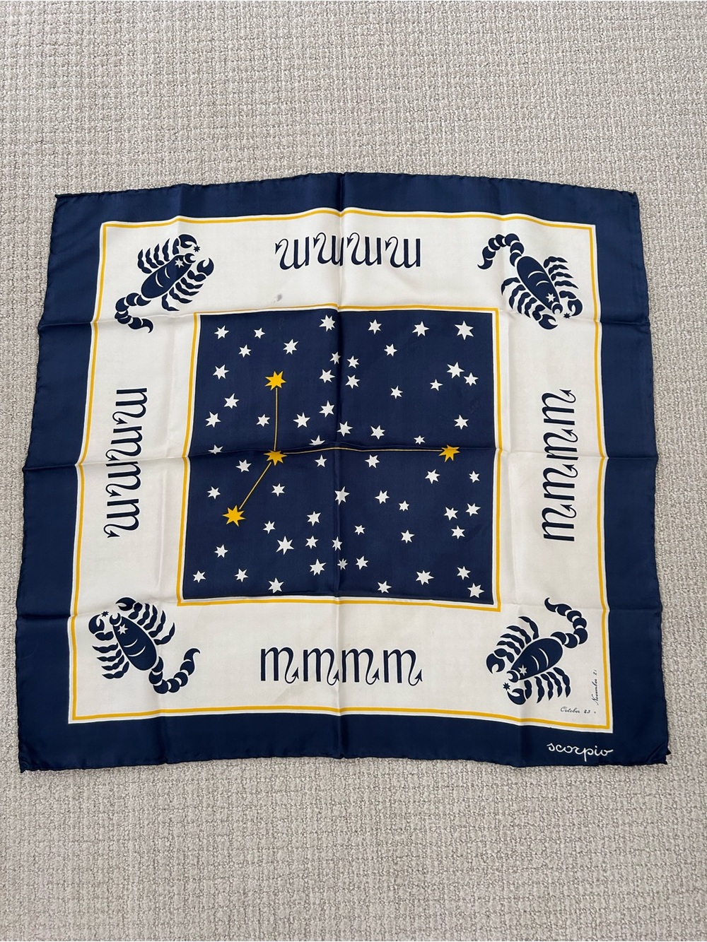 Vtg Ashear 100% Silk Hand Rolled Scarf Scorpio Zodiac Motif Made In Italy Navy